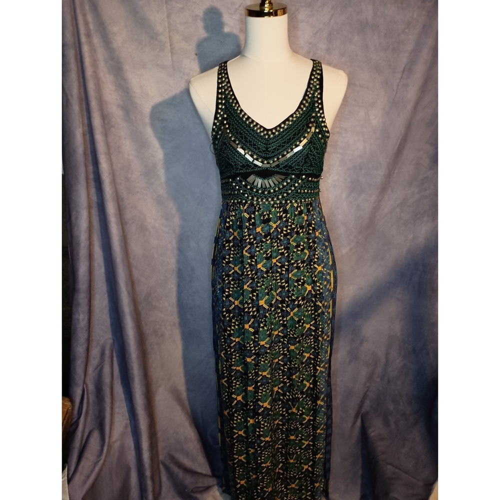 Angie Studded Embroidered Maxi Dress Boho Tribal Print Cross Back‎